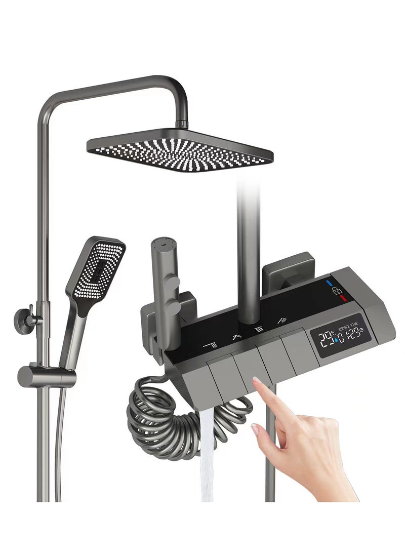 XiuWoo - Shower System with LED Digital Display Shower Faucet Set Wall Mount Rain Mixer Shower Combo Set 4 Way Shower Fixture with Rain Shower Head,3 Mode Handheld Shower,Bidet Shower,Tub Spout Grey - Image 1