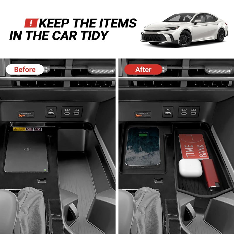 Bercicci 3PCS Center Console Organizer Compatible with Toyota 2025 2026 Camry Accessories Silicone Wireless Charging Anti-Slip Mat ABS Material Armrest Secondary Storage Box - Image 5