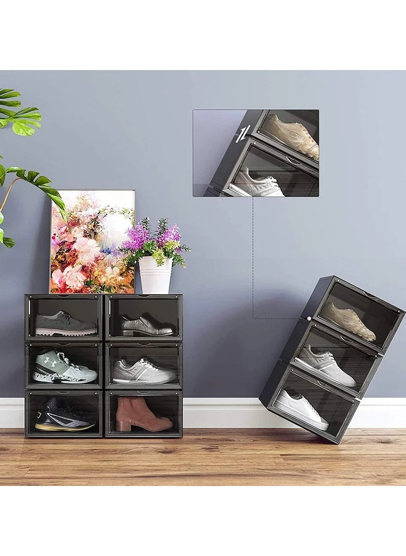 1Chase 6 Pcs Stackable Shoe Storage Box, Side Open Black