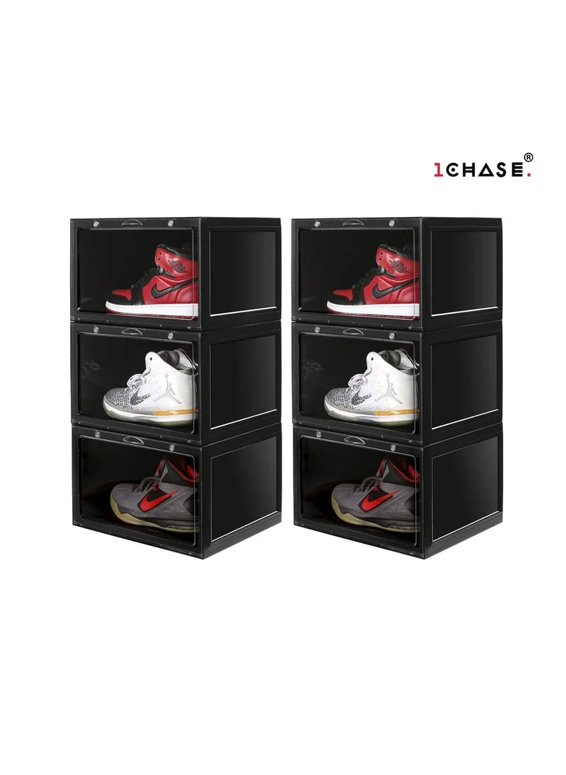 1Chase 6 Pcs Stackable Shoe Storage Box, Side Open Black