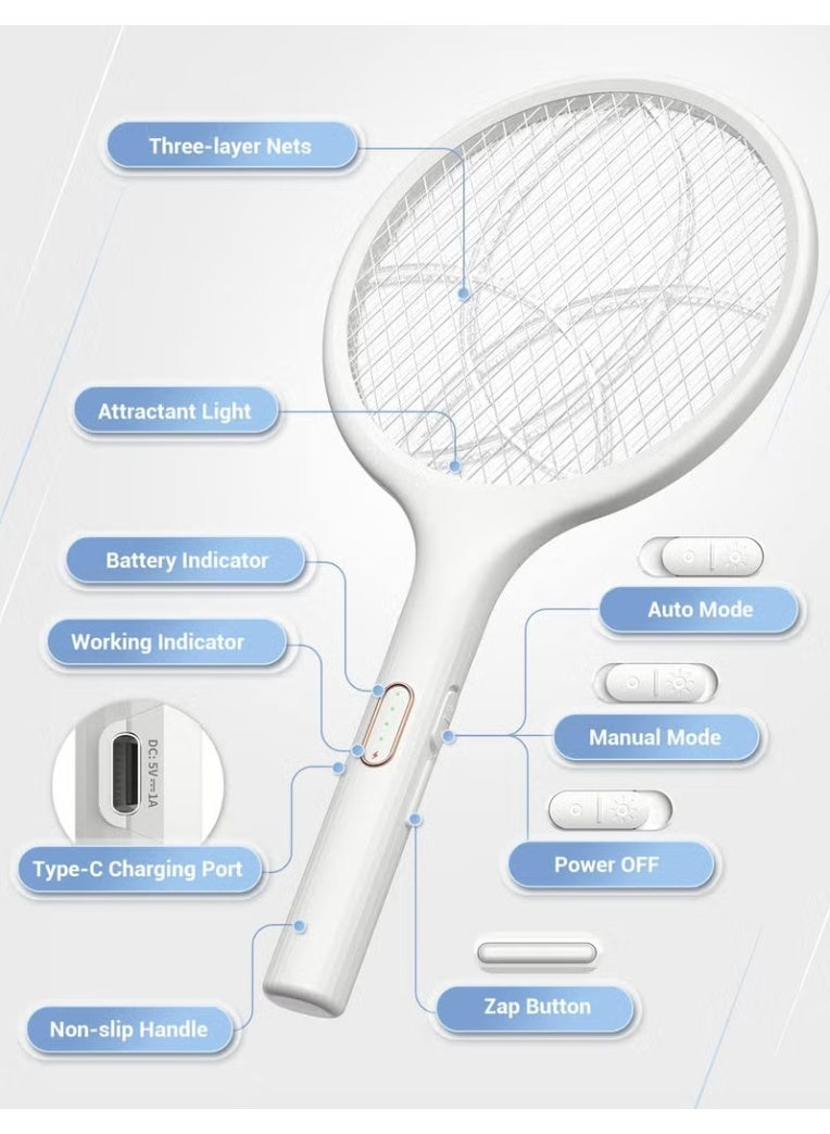 YISSVIC Rechargeable 3000V Electric Bug Zapper Racket USB Mosquito Swatter Powerful Fly Insect Killer with Triple Layer Safety Mesh Portable Indoor Outdoor Home Camping Travel Use - Image 2
