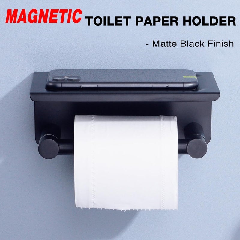 TRUSTMI Toilet Paper Holder with Phone Shelf Matte Black Wall Mount Pivoting Post Magnetic Roll Paper Dispenser Storage Stainless Steel - Image 2