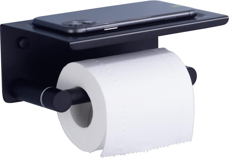 TRUSTMI Toilet Paper Holder with Phone Shelf Matte Black Wall Mount Pivoting Post Magnetic Roll Paper Dispenser Storage Stainless Steel - Image 1