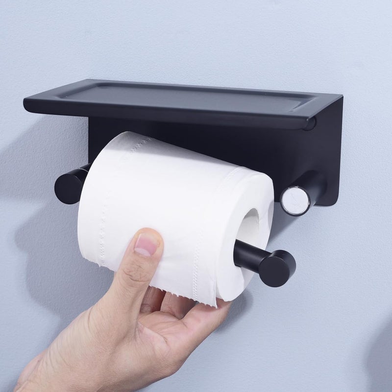 TRUSTMI Toilet Paper Holder with Phone Shelf Matte Black Wall Mount Pivoting Post Magnetic Roll Paper Dispenser Storage Stainless Steel - Image 4