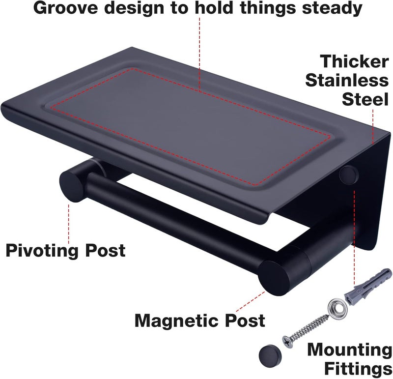 TRUSTMI Toilet Paper Holder with Phone Shelf Matte Black Wall Mount Pivoting Post Magnetic Roll Paper Dispenser Storage Stainless Steel - Image 5