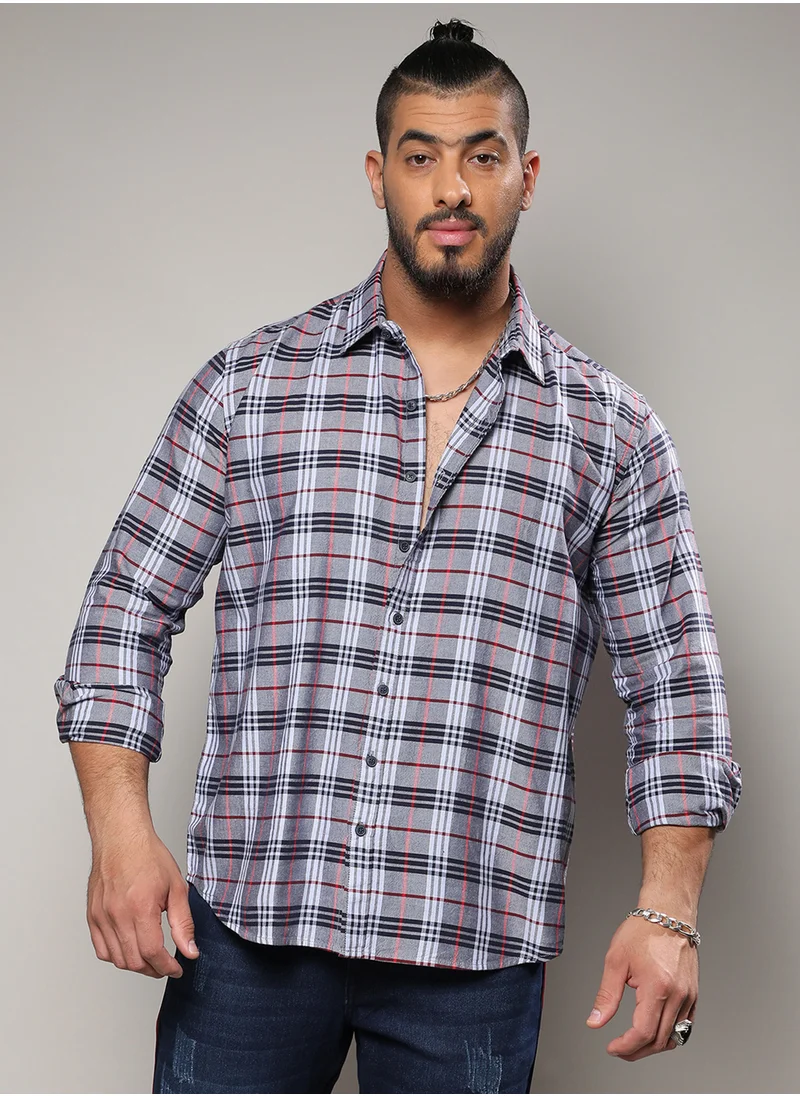Instafab Plus Campus Sutra Men's Dark Grey Tartan Plaid Shirt For Casual Wear | Spread Collar | Long Sleeve | Button Closure | Cotton Shirt Crafted With Comfort Fit For Everyday Wear