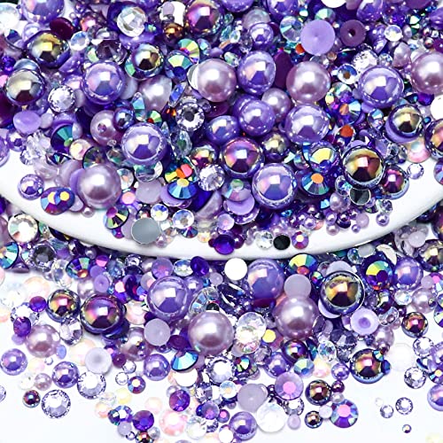 Towenm 60g Mixed Pearls and Rhinestones, Flatback Rhinestones and Pearls for Crafts, Tumblers, Shoes, Nails, Face Art, 2mm-10mm Mixed Sizes, Purples - Image 1