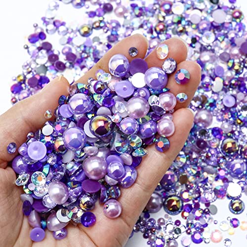 Towenm 60g Mixed Pearls and Rhinestones, Flatback Rhinestones and Pearls for Crafts, Tumblers, Shoes, Nails, Face Art, 2mm-10mm Mixed Sizes, Purples - Image 2
