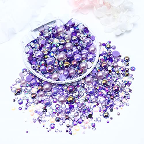 Towenm 60g Mixed Pearls and Rhinestones, Flatback Rhinestones and Pearls for Crafts, Tumblers, Shoes, Nails, Face Art, 2mm-10mm Mixed Sizes, Purples - Image 3