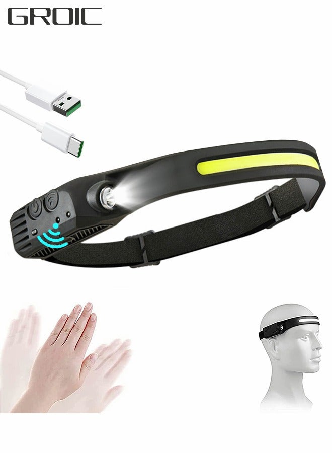 GROIC مصابيح أمامية بمستشعر الحركة COB قابلة لإعادة الشحن، مصابيح أمامية مقاومة للماء، مصابيح أمامية واسعة الشعاع، مصابيح أمامية خفيفة الوزن للتخييم والجري في الهواء الطلق وصيد الأسماك والمشي لمسافات طويلة - Image 1