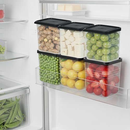 WEWEL® 6 Pcs StakUp Fridge Storage Containers for Vegetables, Freezer & Refrigerator Organizer Boxes, Plastic Kitchen Storage Container Set for Home 1200 ml (BLACK, Pack of 6) - Image 1
