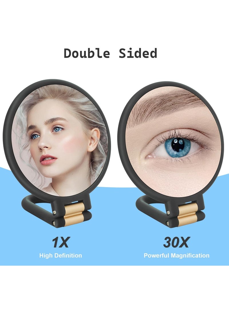 30x Magnifying Mirror, Travel Hand Mirrors with Handle - Double Side Handheld Mirror with 1X 30X Magnification & Adjustable Handle/Stand, Hand Held Foldable Travel Mirror for Makeup(Black) - Image 4