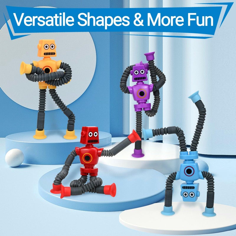 Pop Tubes Robot Fidget Toys (4 Pack), Telescopic Suction Cup Robotics Toy, Toddler Fine Motor Skills & Creative Learning, Autism Sensory Toys for Kids Age 3-6, Party Favors Boy Girl Gifts - Image 4