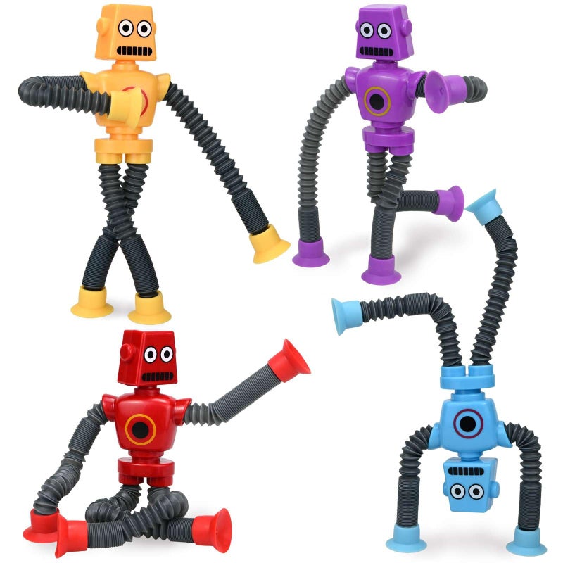 Pop Tubes Robot Fidget Toys (4 Pack), Telescopic Suction Cup Robotics Toy, Toddler Fine Motor Skills & Creative Learning, Autism Sensory Toys for Kids Age 3-6, Party Favors Boy Girl Gifts - Image 1