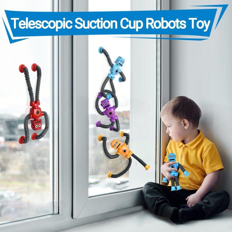 Pop Tubes Robot Fidget Toys (4 Pack), Telescopic Suction Cup Robotics Toy, Toddler Fine Motor Skills & Creative Learning, Autism Sensory Toys for Kids Age 3-6, Party Favors Boy Girl Gifts - Image 3