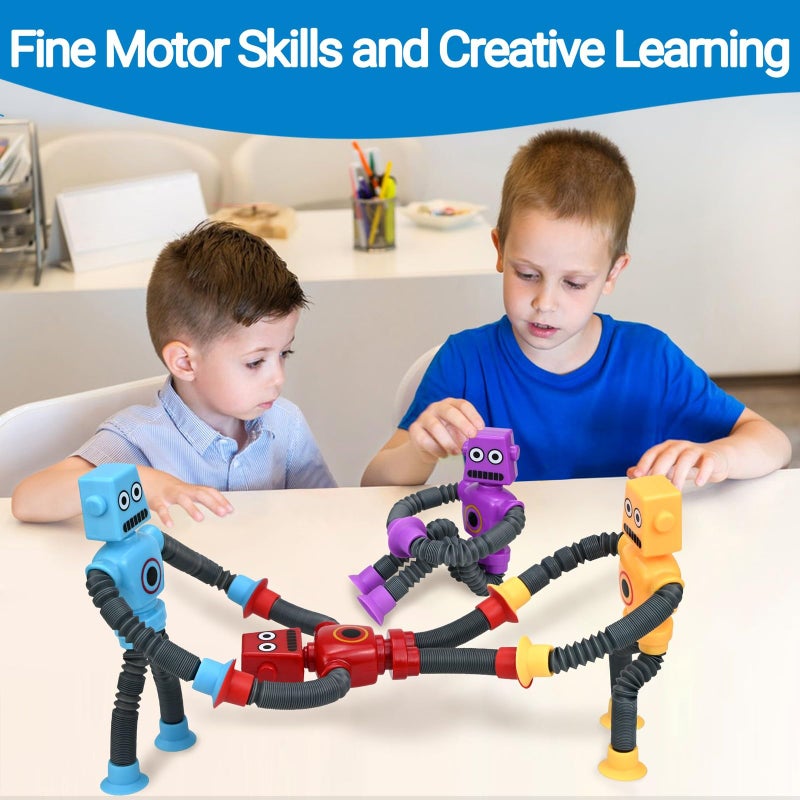 Pop Tubes Robot Fidget Toys (4 Pack), Telescopic Suction Cup Robotics Toy, Toddler Fine Motor Skills & Creative Learning, Autism Sensory Toys for Kids Age 3-6, Party Favors Boy Girl Gifts - Image 2