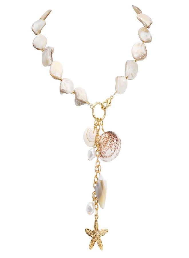 Bocar Statement Shell Bib Choker Necklace with Long Pendant for Women Chunky Natural Freshwater Shell Conch Starfish Pearl Pendent Costume Collar Beach Necklace (NK-10765) - Image 1