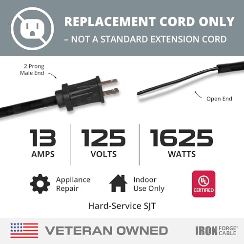 Iron Forge Cable 16 AWG Replacement Power Cord with Open End - 10 Ft Black Extension Cable, 2 Wire 16/2 SJT - Image 2