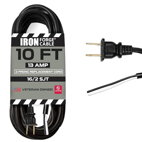 Iron Forge Cable 16 AWG Replacement Power Cord with Open End - 10 Ft Black Extension Cable, 2 Wire 16/2 SJT - Image 1