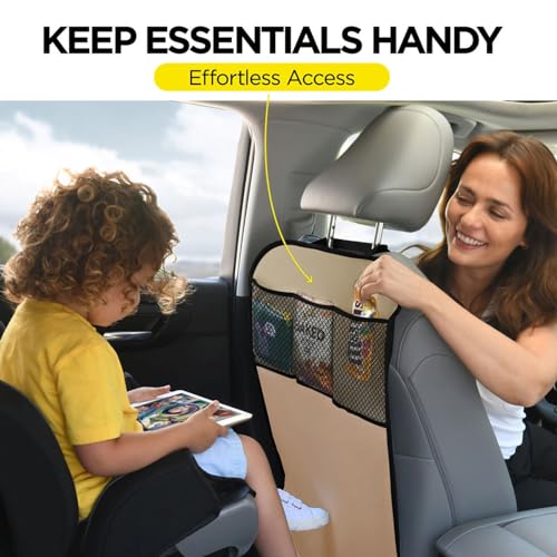 lebogner Back Seat Cover for Kids + 3 Pocket Storage Organizer, 2 Pack Kick Mats Backseat Protector, Car Accessories Waterproof Kick Guard for Vehicles to Protect from Dirt, Mud & Scratches, Beige - Image 2