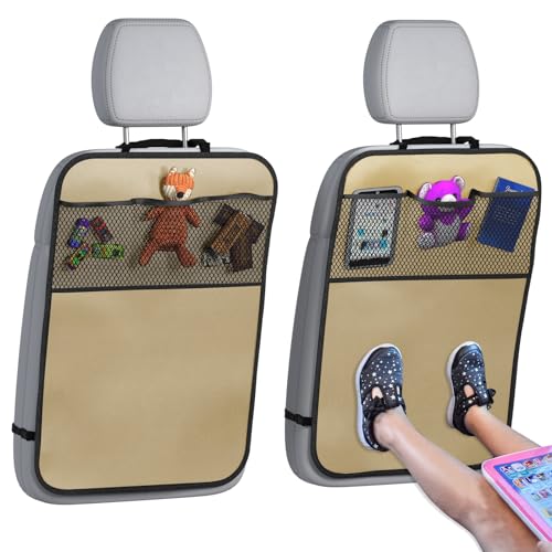 lebogner Back Seat Cover for Kids + 3 Pocket Storage Organizer, 2 Pack Kick Mats Backseat Protector, Car Accessories Waterproof Kick Guard for Vehicles to Protect from Dirt, Mud & Scratches, Beige - Image 1