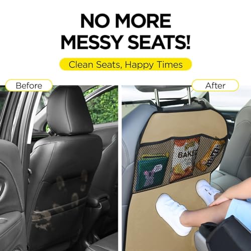 lebogner Back Seat Cover for Kids + 3 Pocket Storage Organizer, 2 Pack Kick Mats Backseat Protector, Car Accessories Waterproof Kick Guard for Vehicles to Protect from Dirt, Mud & Scratches, Beige - Image 5