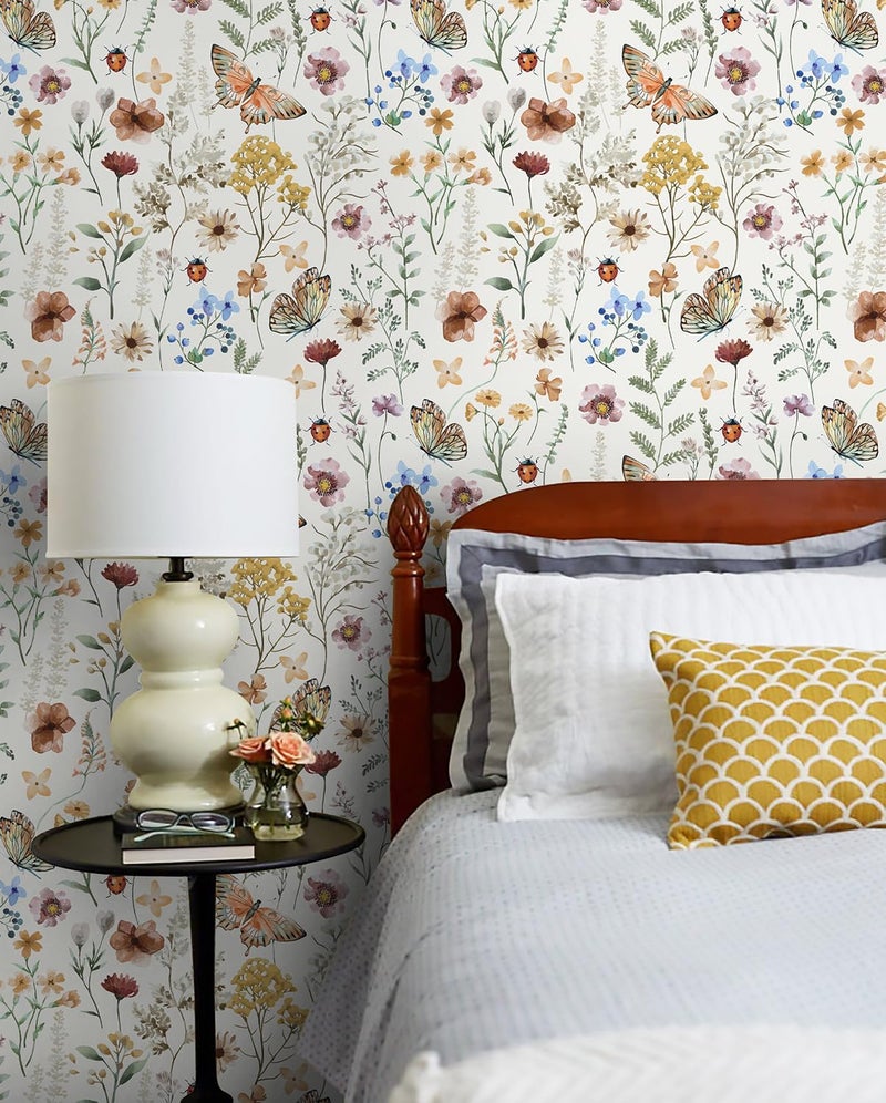 Timeet Floral Wallpaper Peel and Stick Wallpaper Boho Multicolor Flower Wallpaper Self Adhesive Removable Wallpaper for Bathroom Wall Covering Shelf Cabinets Decor 16.14in x 9.8ft Vinyl Roll - Image 2