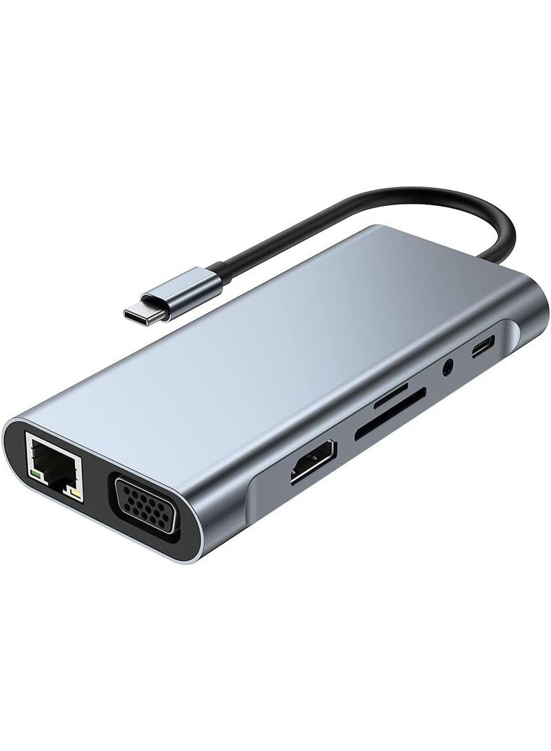 زيرو محول 11 في 1 من النوع C إلى تلفزيون عالي الدقة 4K مع منفذ LAN، ومنفذ VGA، ومنفذ صوت، و4 منافذ USB، وفتحات لبطاقات SD وTF - رمادي - Image 4