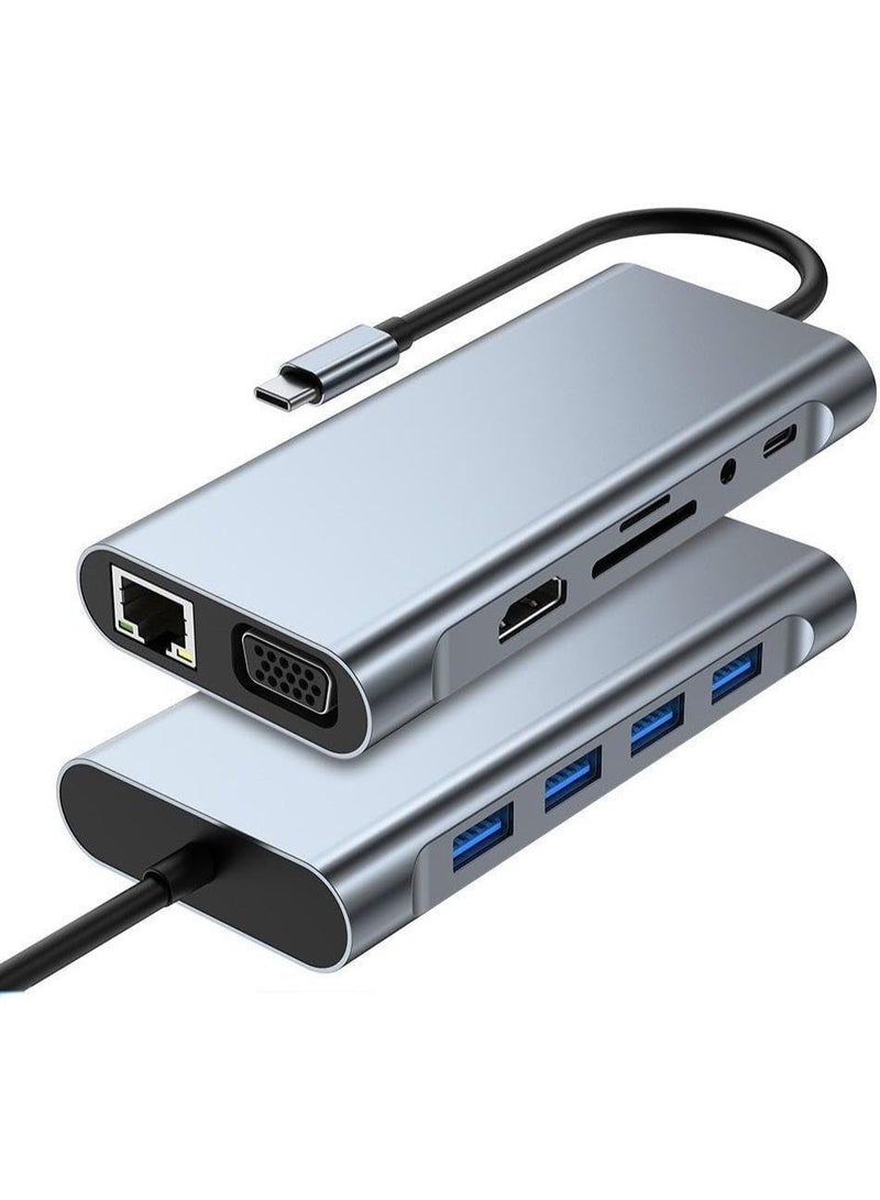 زيرو محول 11 في 1 من النوع C إلى تلفزيون عالي الدقة 4K مع منفذ LAN، ومنفذ VGA، ومنفذ صوت، و4 منافذ USB، وفتحات لبطاقات SD وTF - رمادي - Image 2