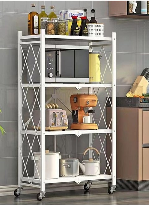 Kitchen Storage Rack and Heavy Duty Metal Shelving Unit on Rolling Cart for Garage, Kitchen, Basement, Pantry, 4-Tier Thick Foldable Storage Shelves with Wheels, Large Capacity, White