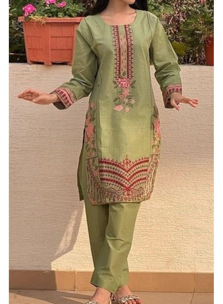 Winchell's Women's Pakistani Salwar Kameez Set in Olive Green, Featuring a Floral Embroidered Long Kurta and Matching Pants in Premium Cambric Cotton – Size Small - Image 2