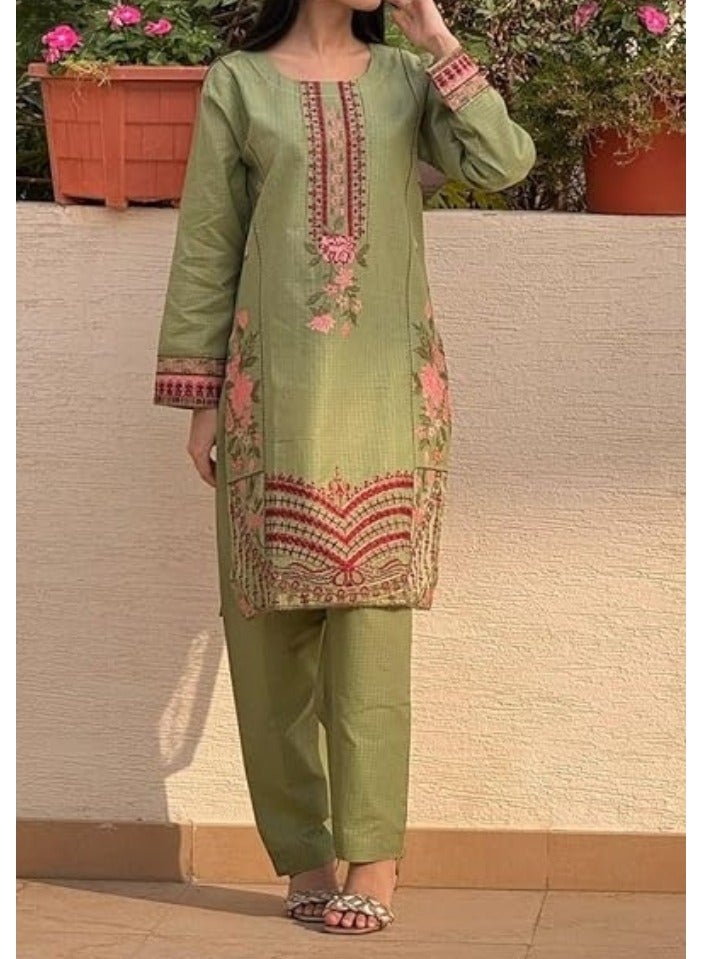 Winchell's Women's Pakistani Salwar Kameez Set in Olive Green, Featuring a Floral Embroidered Long Kurta and Matching Pants in Premium Cambric Cotton – Size Small - Image 3