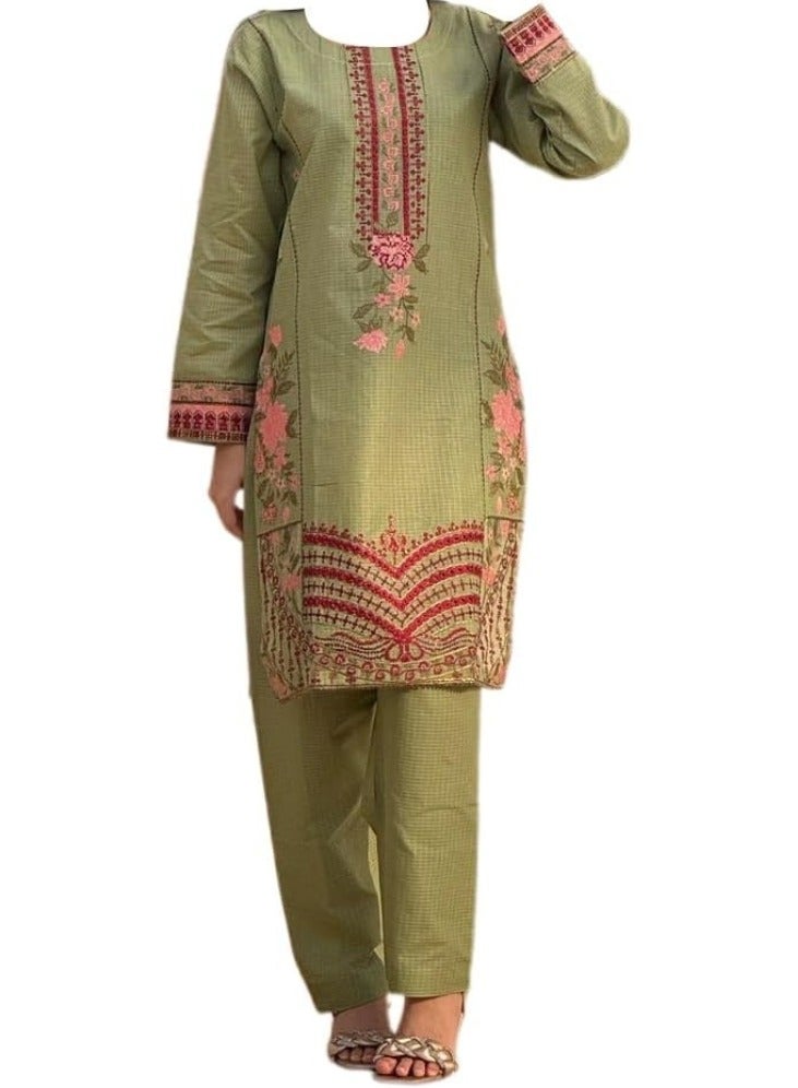 Winchell's Women's Pakistani Salwar Kameez Set in Olive Green, Featuring a Floral Embroidered Long Kurta and Matching Pants in Premium Cambric Cotton – Size Small - Image 1