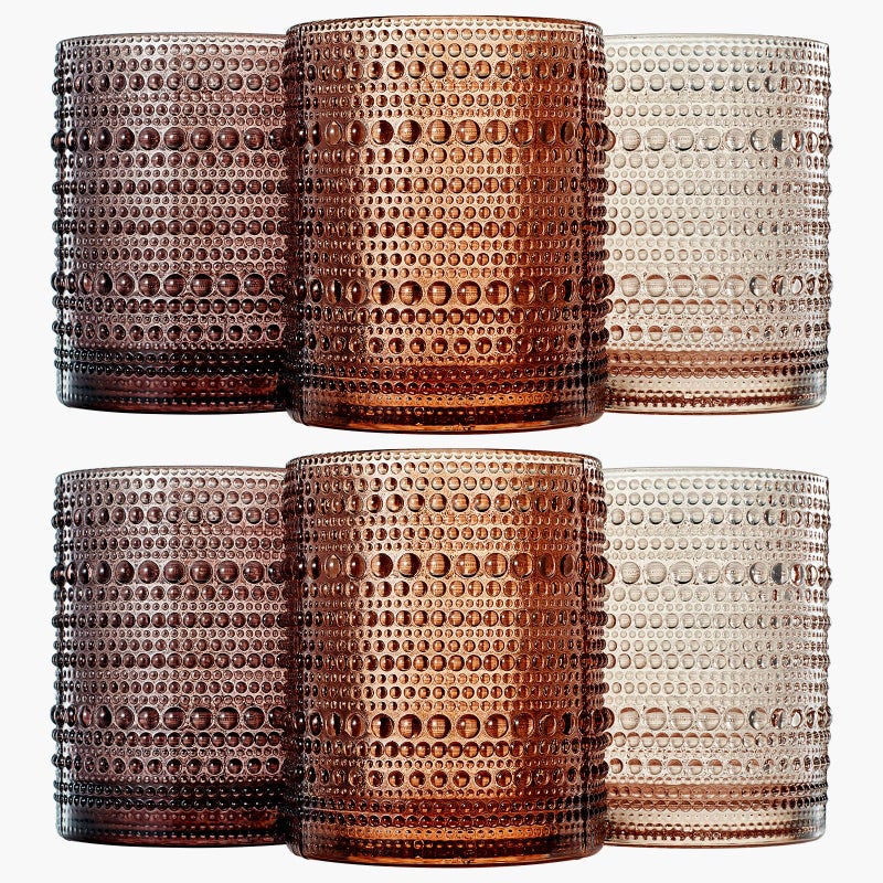 Khen Hobnail Beaded Highball Drinking Tumbler Glasses | Set of 6 | Color, Vintage Bubble Design Whiskey Glassware, Old-Fashioned, Embossed Design for Water, Wine, Cocktail Embossed, Rocks Glass - Image 1