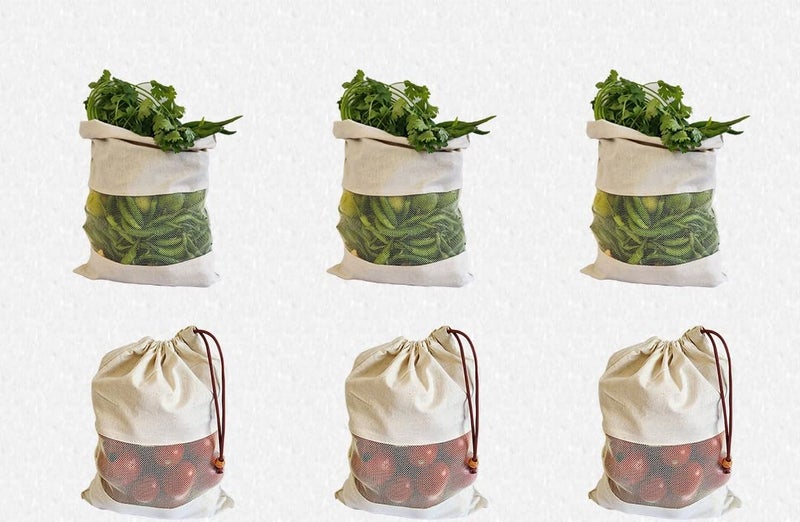 Fab Ellite Cotton Vegetable Bags Fridge Storage | Reusable Muslin Produce Bags with Drawstrings | Cloth Sabji & Fruit Pouch | Washable Refrigerator Storage Bags (Beige, Pack of 6) - Image 1
