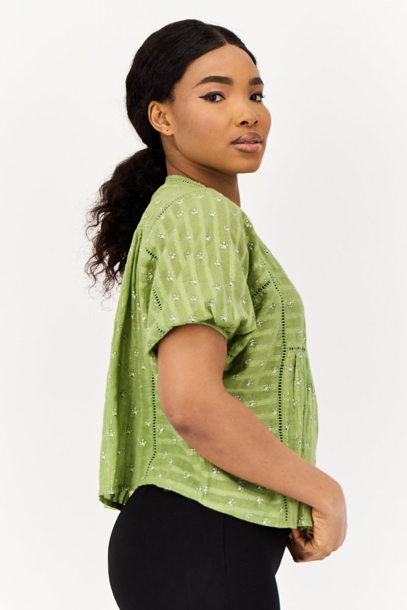 ONLY Women V Neck Puff Sleeves Floral Print Blouses, Green  - Image 3