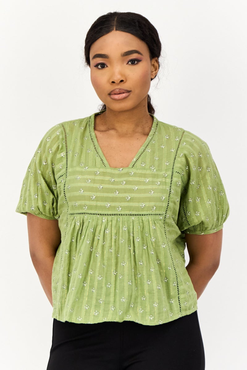 ONLY Women V Neck Puff Sleeves Floral Print Blouses, Green  - Image 1