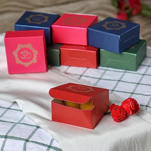 Desi Favors Om Printed Colorful Paper Sweet Boxes for Indian sweets, Cookies, Goodies, Mithai, Candy, Gift boxes Handmade Bulk Mithai box, Favor boxes for wedding, Pooja, 2.95x2.95x1.37 Inch (Pack of 8) - Image 3