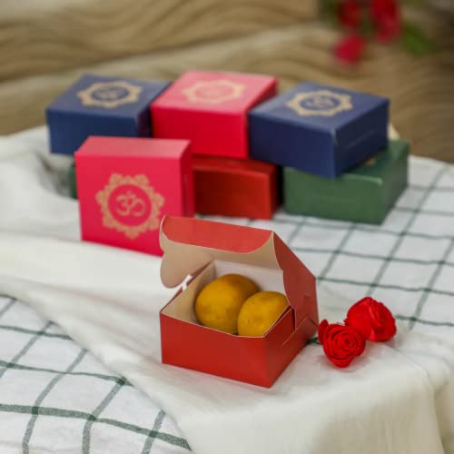 Desi Favors Om Printed Colorful Paper Sweet Boxes for Indian sweets, Cookies, Goodies, Mithai, Candy, Gift boxes Handmade Bulk Mithai box, Favor boxes for wedding, Pooja, 2.95x2.95x1.37 Inch (Pack of 8) - Image 2