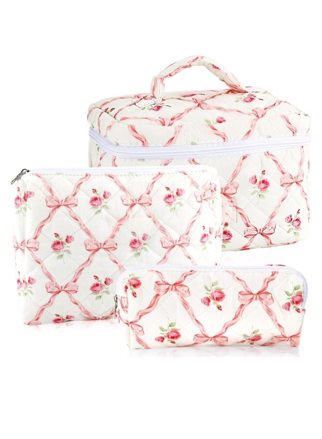طقم من 3 قطع، حقيبة مكياج نسائية بشكل فيونكة، حقيبة مكياج سميكة للسفر، حقيبة مستلزمات الاستحمام، حقيبة تخزين بفيونكة وردية - Image 1