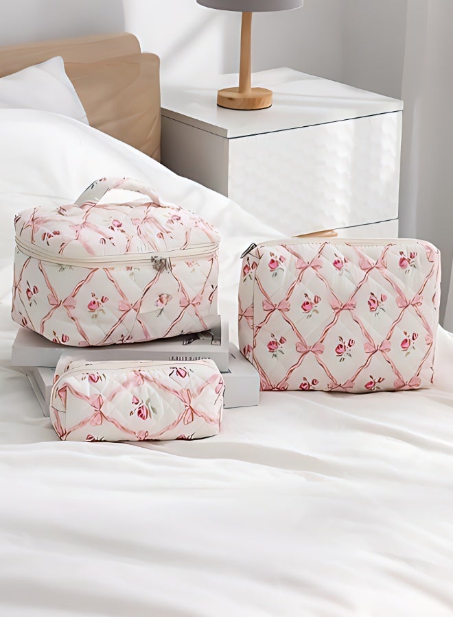 طقم من 3 قطع، حقيبة مكياج نسائية بشكل فيونكة، حقيبة مكياج سميكة للسفر، حقيبة مستلزمات الاستحمام، حقيبة تخزين بفيونكة وردية - Image 2