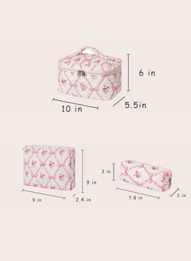 طقم من 3 قطع، حقيبة مكياج نسائية بشكل فيونكة، حقيبة مكياج سميكة للسفر، حقيبة مستلزمات الاستحمام، حقيبة تخزين بفيونكة وردية - Image 3