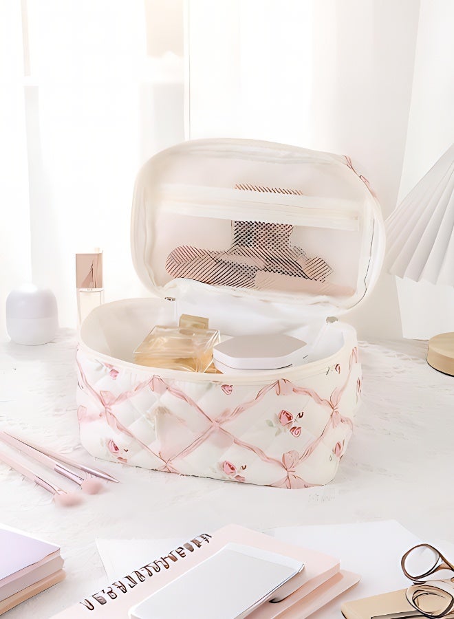 طقم من 3 قطع، حقيبة مكياج نسائية بشكل فيونكة، حقيبة مكياج سميكة للسفر، حقيبة مستلزمات الاستحمام، حقيبة تخزين بفيونكة وردية - Image 5