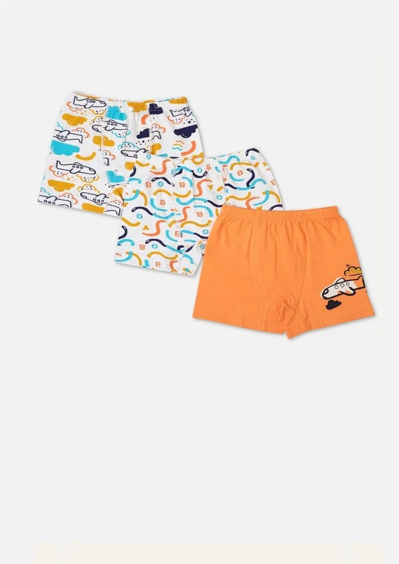 Defne Aircraft Pattern Printed Assorted Combed Elastane 3-Piece Boys Boxer Set