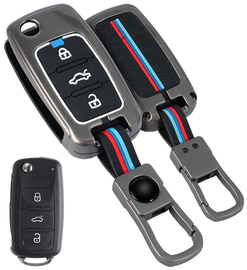 Coll of Fest Metal Silicon Key Cover Compatible with Polo Vento Jetta Ameo Passat and Skoda Rapid Laura Superb Octavia Fabia Yeti 3 Button Flip Key Feature Visible in Low-Light Conditions - Image 1