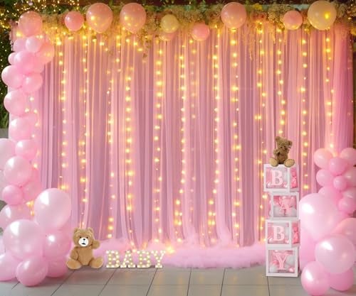 Suppromo Pink Tulle Backdrop Curtains with Lights String for Parites 10ft×8ft Wrinkle Free Pink Sheer Sparkle Backdrop Curtains for Baby Shower Girls Bridal Shower Birthday Party Photo Shoot Decorations - Image 4