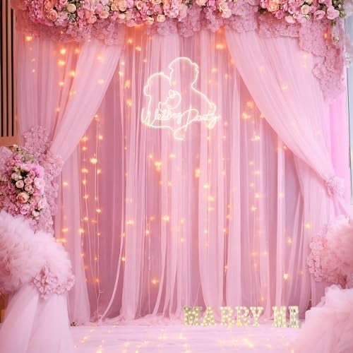 Suppromo Pink Tulle Backdrop Curtains with Lights String for Parites 10ft×8ft Wrinkle Free Pink Sheer Sparkle Backdrop Curtains for Baby Shower Girls Bridal Shower Birthday Party Photo Shoot Decorations - Image 2