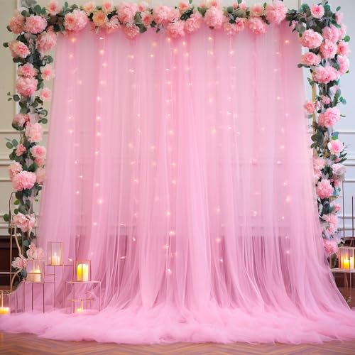 Suppromo Pink Tulle Backdrop Curtains with Lights String for Parites 10ft×8ft Wrinkle Free Pink Sheer Sparkle Backdrop Curtains for Baby Shower Girls Bridal Shower Birthday Party Photo Shoot Decorations - Image 1