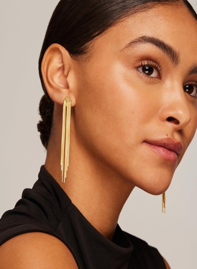 PAVOI 14K Yellow Gold Plated Long Tassel Dangle Earrings for Women | Elegant Rhinestone Chain Chandelier Drop Earrings | Statement Jewelry (Arch, Yellow Gold) - Image 2