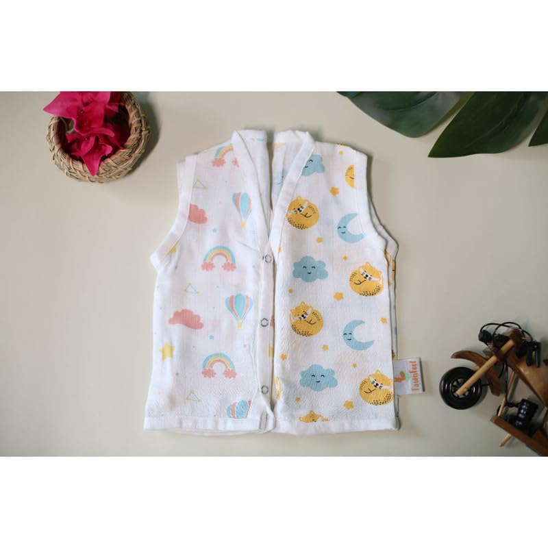 FawnFeel Jhabala for Newborn Baby, Infants & Toddlers I 100% Bamboo Based Fabric Breathable, Soft & Lightweight I Apt for Indian humid climate I Cat&Moon+Rainbow Print I 3-6 months babies I Pack of 4 - Image 2